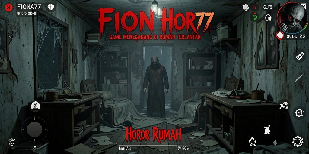 Antarmuka horor menegangkan dalam FIONA77 saat menjelajahi rumah hantu.